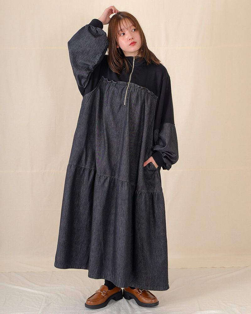 裏毛×デニム ギャザーワンピ レディースワンピース ゆったりシルエット カジュアルコーデ