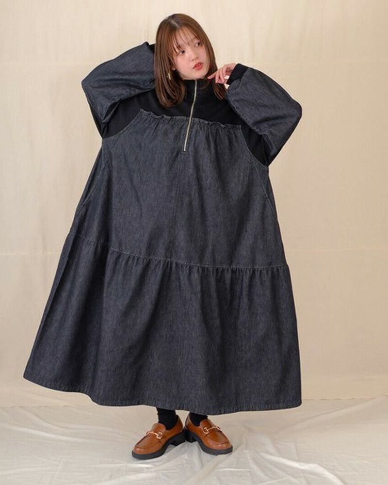 裏毛×デニム ギャザーワンピ レディースワンピース ゆったりシルエット カジュアルコーデ