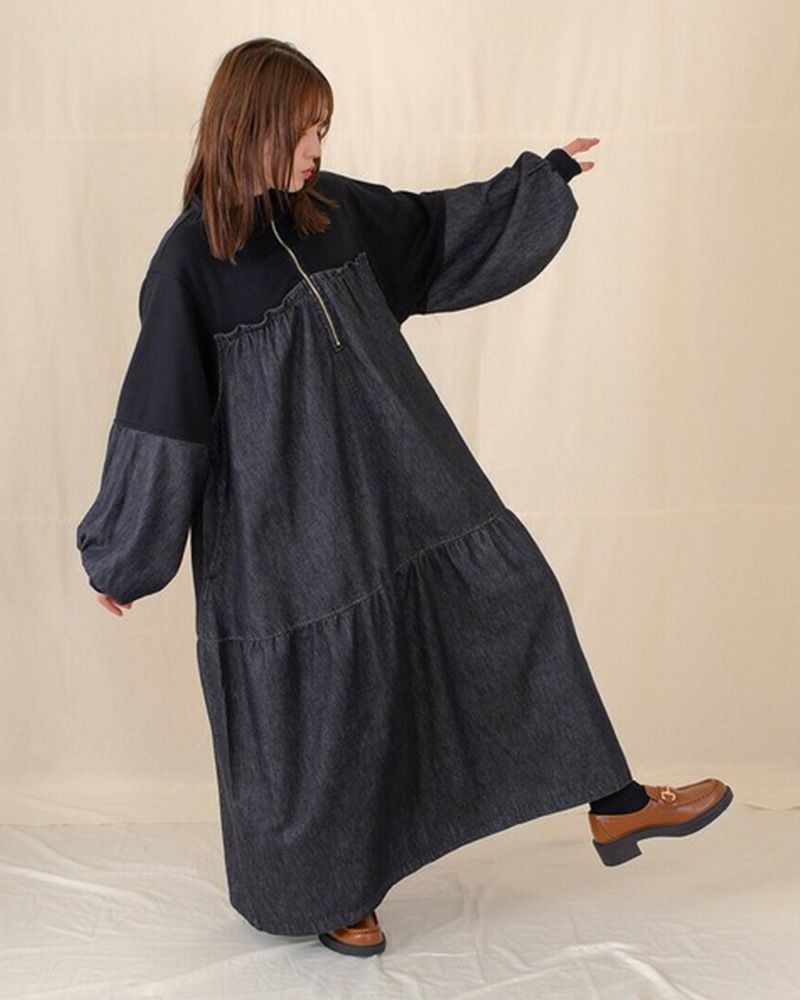 裏毛×デニム ギャザーワンピ レディースワンピース ゆったりシルエット カジュアルコーデ