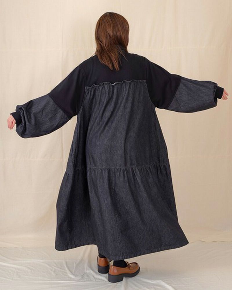 裏毛×デニム ギャザーワンピ レディースワンピース ゆったりシルエット カジュアルコーデ