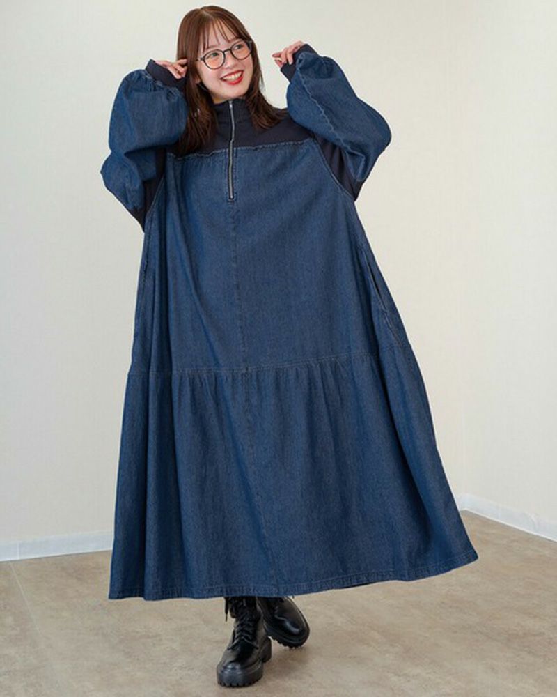 裏毛×デニム ギャザーワンピ レディースワンピース ゆったりシルエット カジュアルコーデ