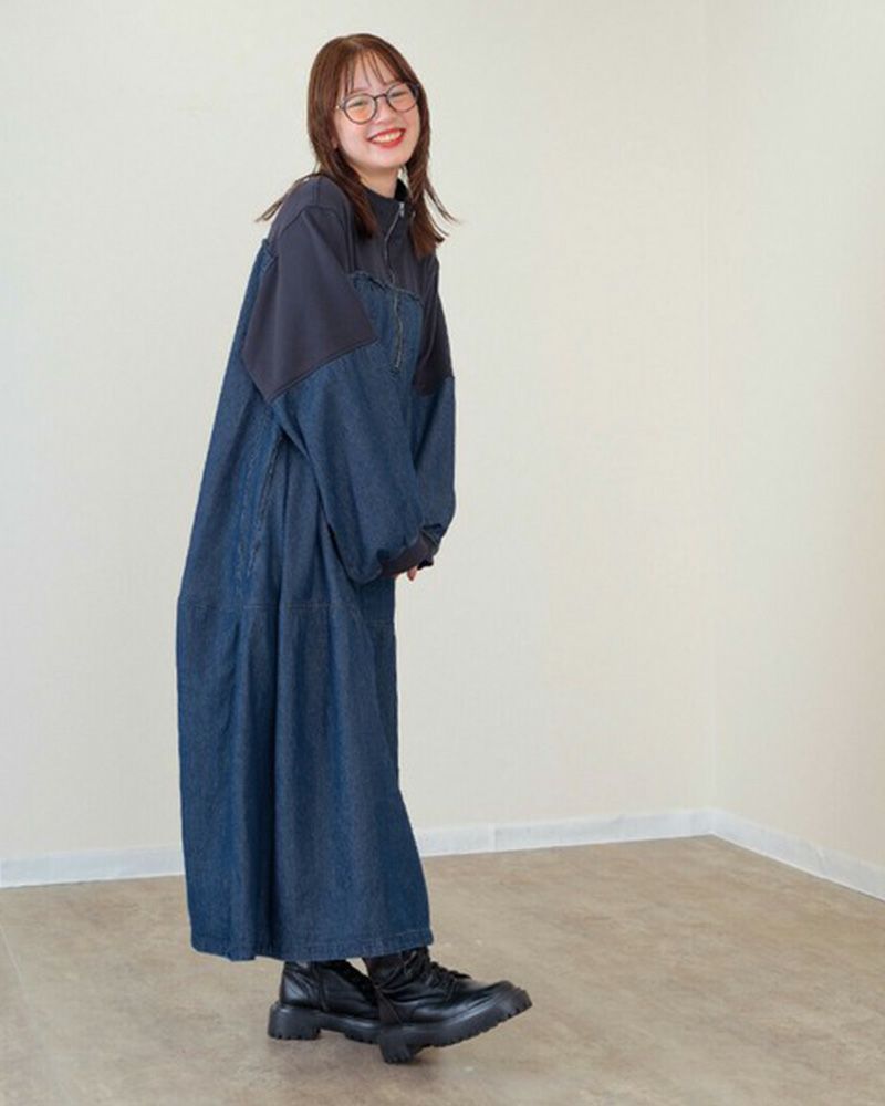 裏毛×デニム ギャザーワンピ レディースワンピース ゆったりシルエット カジュアルコーデ