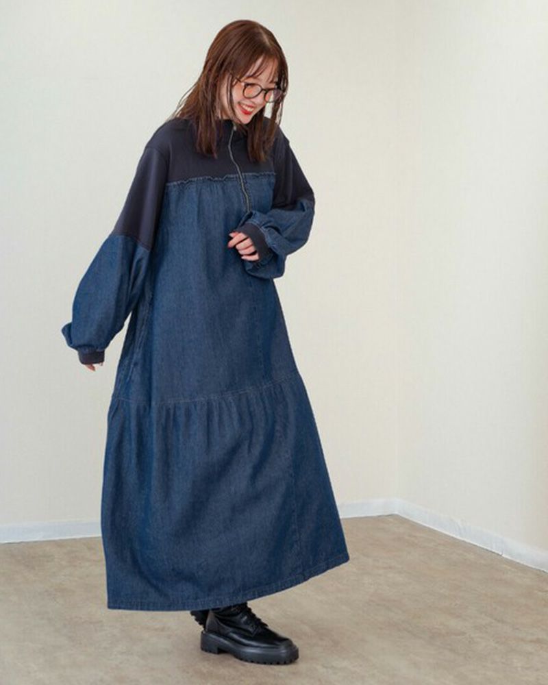 裏毛×デニム ギャザーワンピ レディースワンピース ゆったりシルエット カジュアルコーデ