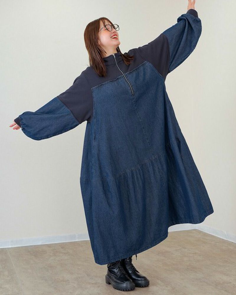 裏毛×デニム ギャザーワンピ レディースワンピース ゆったりシルエット カジュアルコーデ