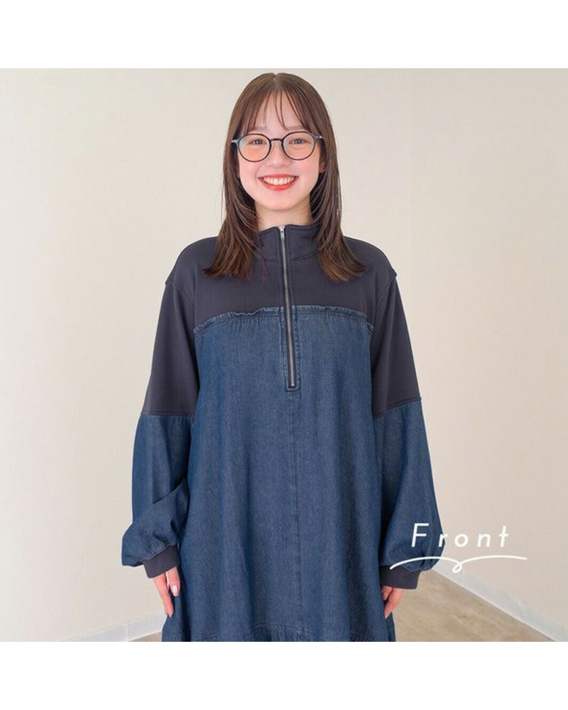 裏毛×デニム ギャザーワンピ レディースワンピース ゆったりシルエット カジュアルコーデ