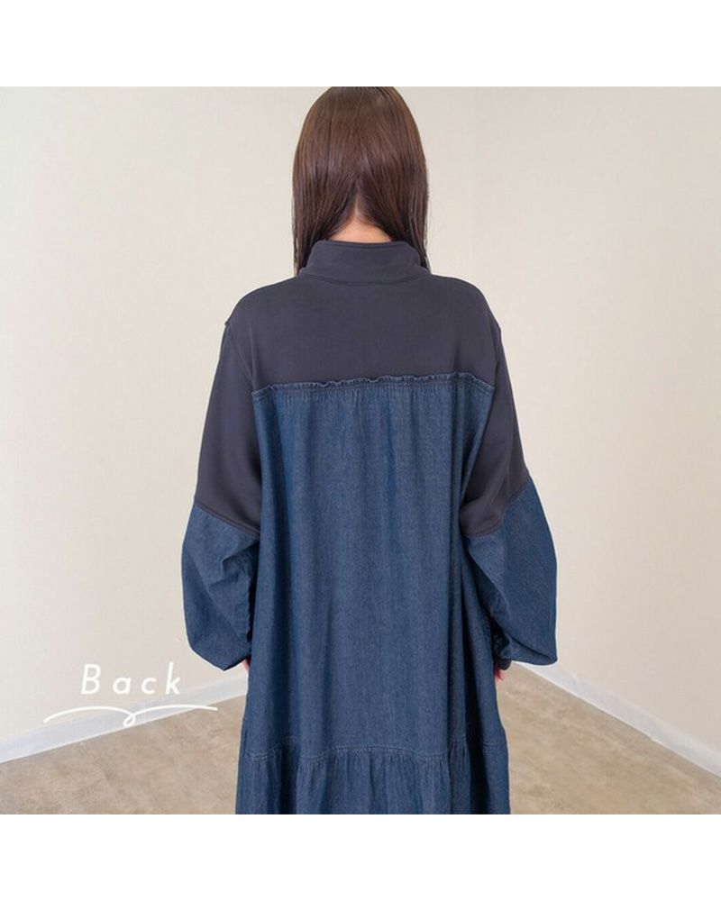 裏毛×デニム ギャザーワンピ レディースワンピース ゆったりシルエット カジュアルコーデ