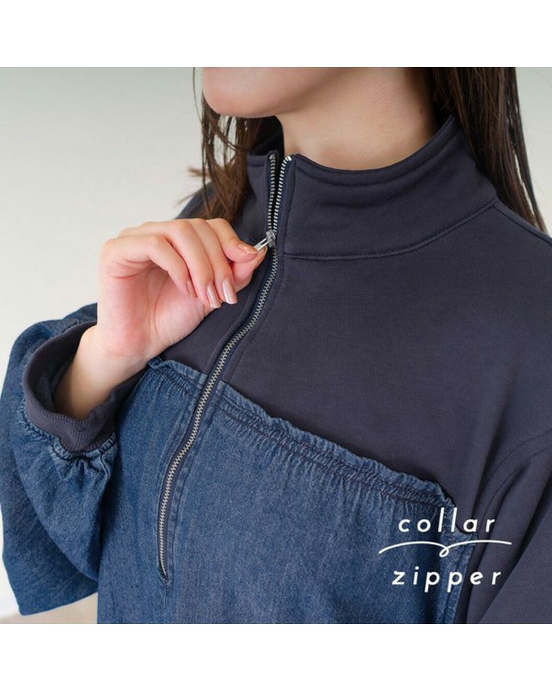 裏毛×デニム ギャザーワンピ レディースワンピース ゆったりシルエット カジュアルコーデ