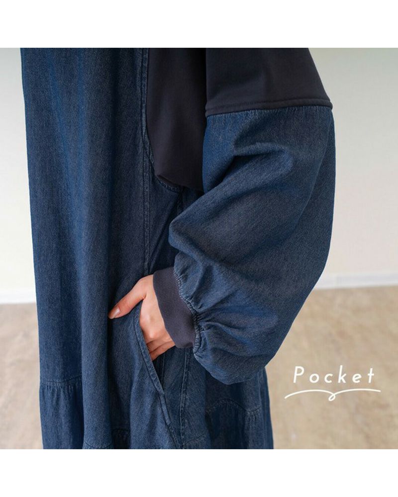 裏毛×デニム ギャザーワンピ レディースワンピース ゆったりシルエット カジュアルコーデ