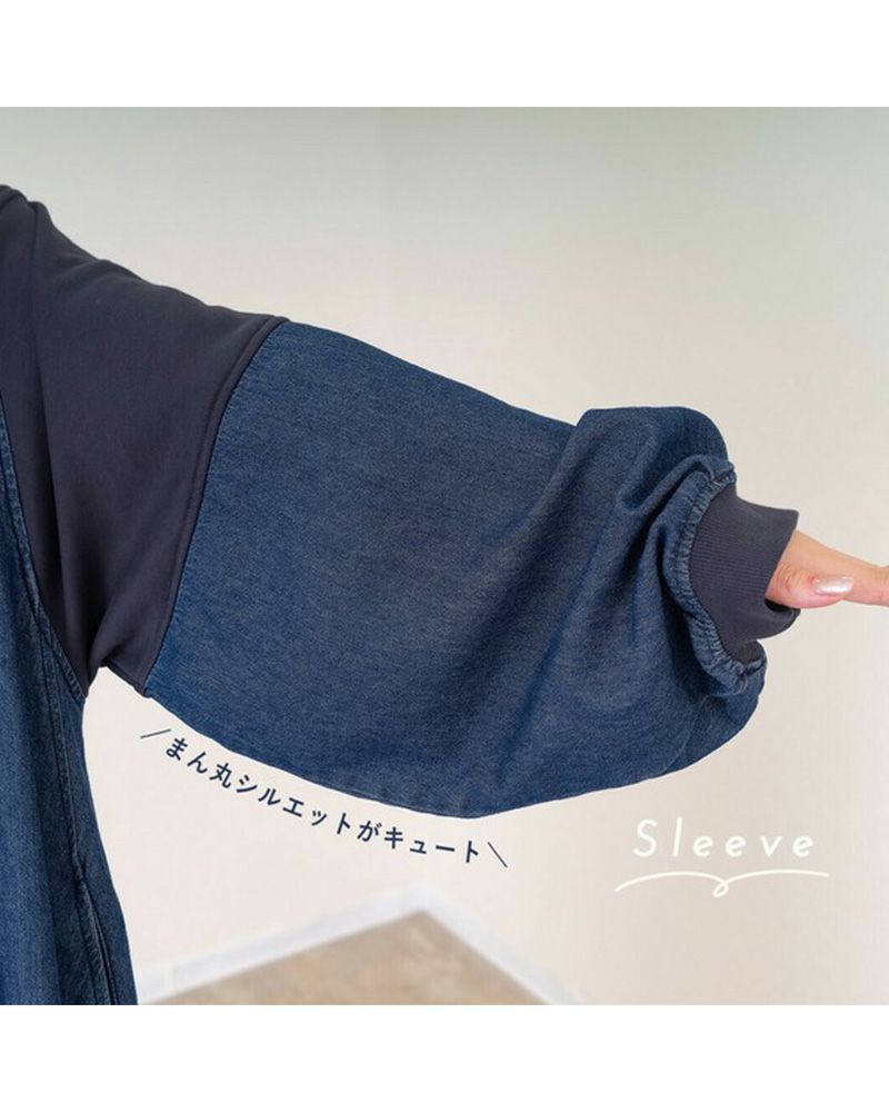 裏毛×デニム ギャザーワンピ レディースワンピース ゆったりシルエット カジュアルコーデ