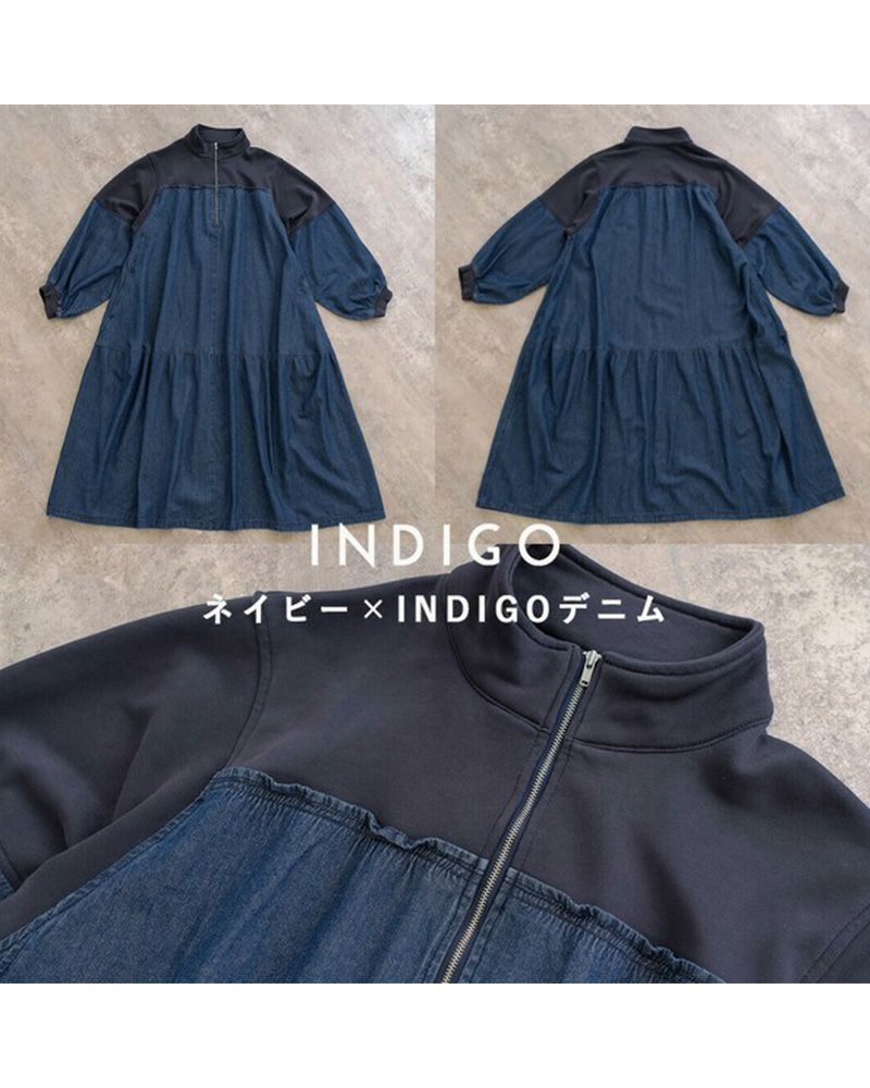 裏毛×デニム ギャザーワンピ レディースワンピース ゆったりシルエット カジュアルコーデ