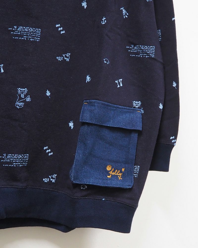 LIME.INC ライムインク ミニ裏毛落書きプルパーカー 総柄 手書き風デザイン レディース パーカー ゆったりシルエット 立体ポケット フードレース付き 5色展開