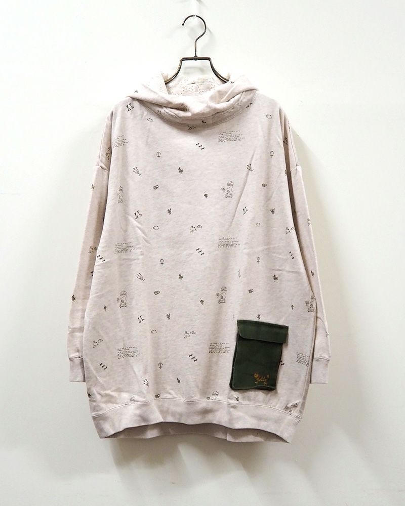 LIME.INC ライムインク ミニ裏毛落書きプルパーカー 総柄 手書き風デザイン レディース パーカー ゆったりシルエット 立体ポケット フードレース付き 5色展開