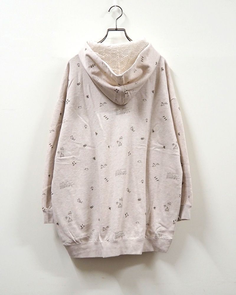 LIME.INC ライムインク ミニ裏毛落書きプルパーカー 総柄 手書き風デザイン レディース パーカー ゆったりシルエット 立体ポケット フードレース付き 5色展開