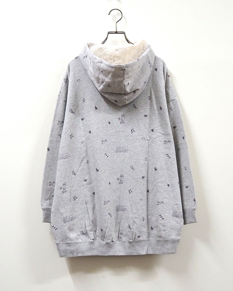 LIME.INC ライムインク ミニ裏毛落書きプルパーカー 総柄 手書き風デザイン レディース パーカー ゆったりシルエット 立体ポケット フードレース付き 5色展開