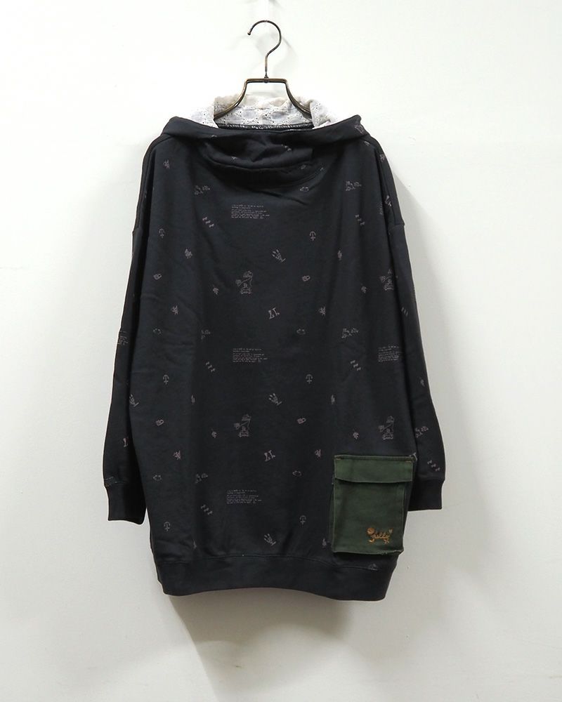 LIME.INC ライムインク ミニ裏毛落書きプルパーカー 総柄 手書き風デザイン レディース パーカー ゆったりシルエット 立体ポケット フードレース付き 5色展開