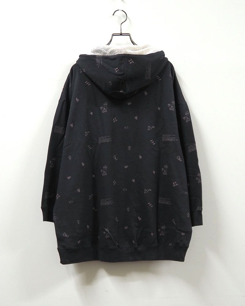 LIME.INC ライムインク ミニ裏毛落書きプルパーカー 総柄 手書き風デザイン レディース パーカー ゆったりシルエット 立体ポケット フードレース付き 5色展開